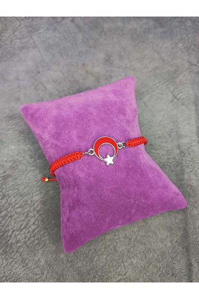 Mos Tespih Red Crescent Star Macrame Knitted Bracelet