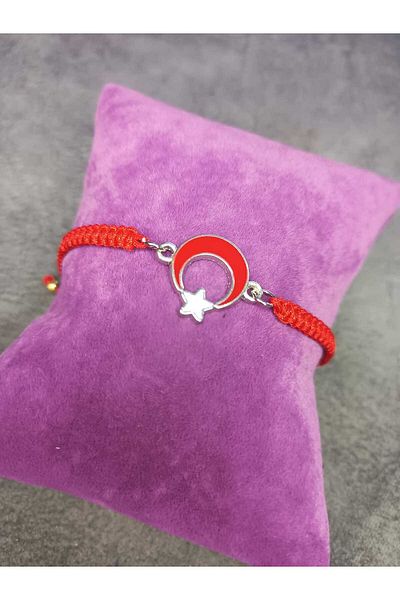 Mos Tespih Red Crescent Star Macrame Knitted Bracelet