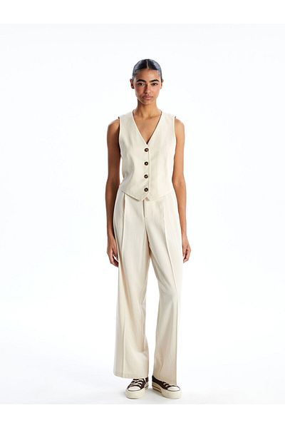 LC Waikiki Xside Beige V-Neck Linen Blended Women's Classic Vest