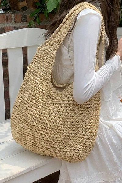 FASHION COCKTAIL Διπλή Χοντρή Λαβή Με Επένδυση Με Φερμουάρ Μαλακή Σακούλα Πλέξης Παραλίας Θάλασσας Σακίδιο Ώμου