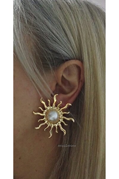 mos&more Gold Ortası Incili Güneş Form Şık Kadın Küpe
