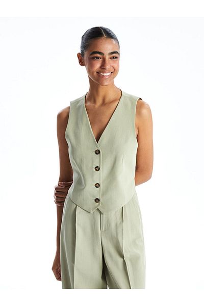 LC Waikiki Xside Khaki V-Neck Linen Blended Women's Classic Vest