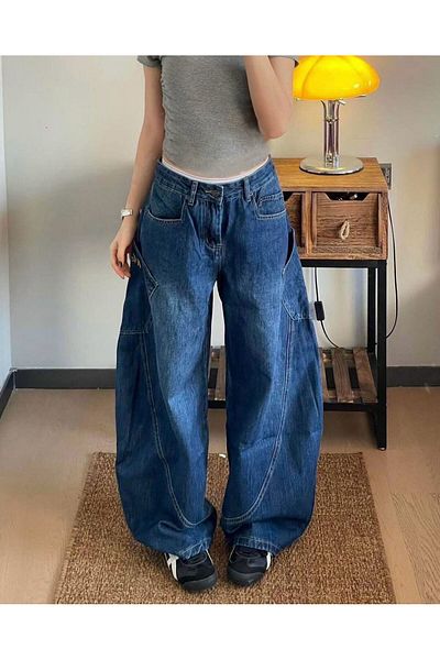 1blood Μπλε Navy Kangaroo Pocket Loose φαρδύ τζιν παντελόνι
