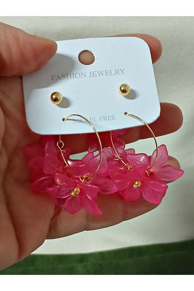 mos&more 4 Pieces Pink Flower Gold Hoop Earrings for Women