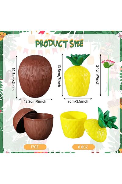 LiderGlobal Pineapple Coconut Design Glass Set with Straw (6 Pieces)