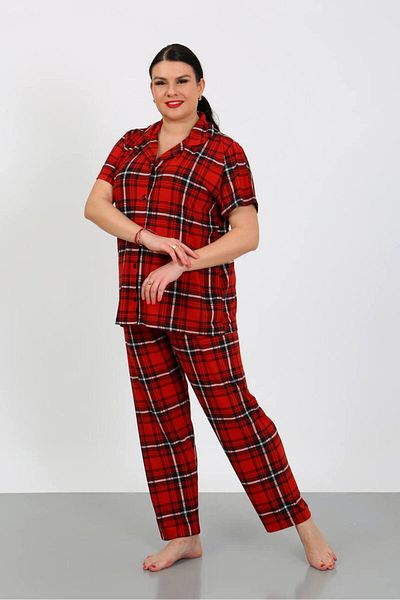shopshop Women's Oversize Large Size Milan Fabric Short Sleeve Button Pajama Set