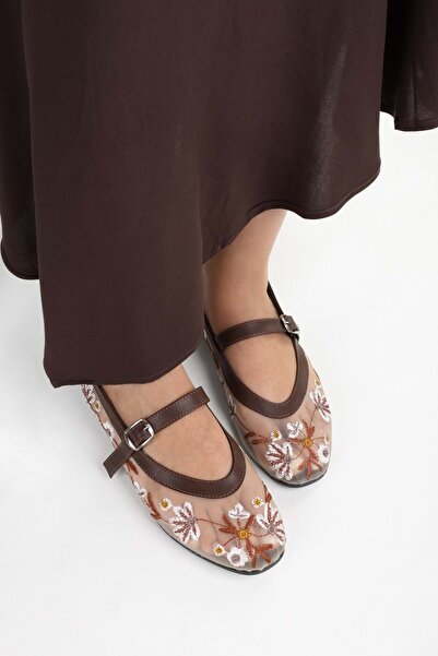 Shoeberry Women's Floral Brown Mesh Ballerinas