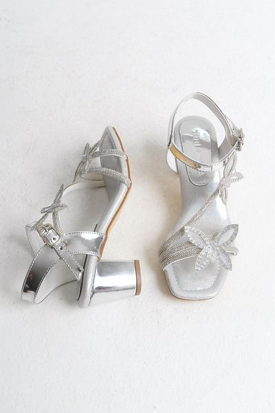 Mini Angel Butterfly Comfortable Girl's Silver Evening Dress Butterfly Patterned Evening Dress Butterfly Girl's Heeled Shoes