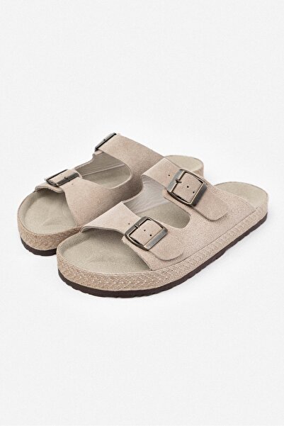 NİŞANTAŞI SHOES Dámské pantofle Sarrah Beige z pravého semiše s dvojitou přezkou a plochou podrážkou