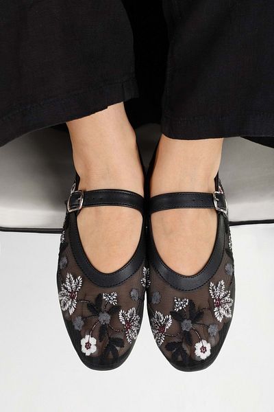 Shoeberry Women's Floral Black Mesh Ballerinas