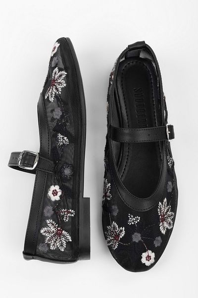Shoeberry Women's Floral Black Mesh Ballerinas