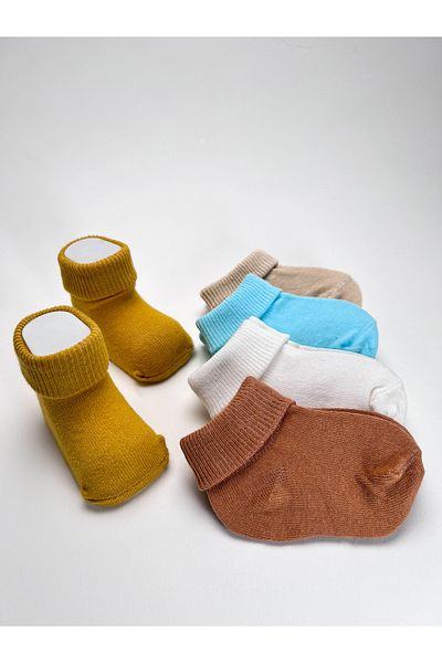 Akface Organic Cotton Patternless Plain Curled Newborn Baby Girl Boy Baby and Children's Socks Set of 5
