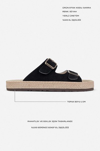 NİŞANTAŞI SHOES Papuci de damă Sarrah, negri, din piele de căprioară autentică, cu cataramă dublă, cu talpă plată