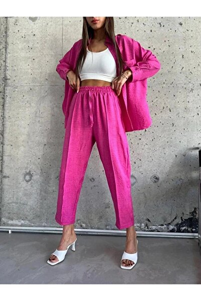 zoezoe Women's Double Linen Shirt Pants Bottom Top Set Drawstring Bos