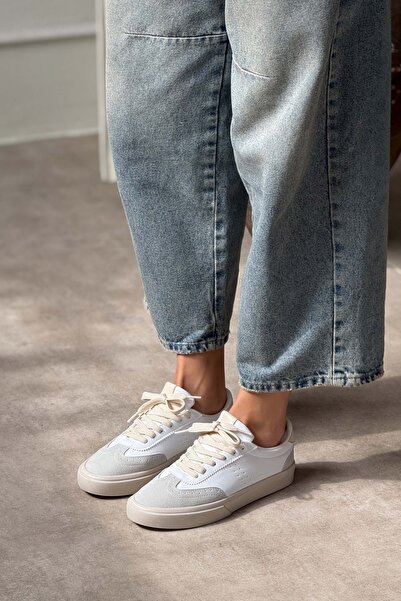 NİŞANTAŞI SHOES Dámská šněrovací sportovní obuv Brooke White Matte Grey Suede s plochou podrážkou