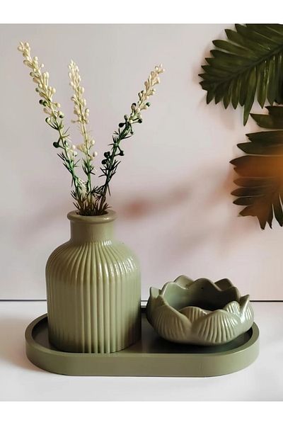 E.M.S AVM Vase Set - Pampas, Lotus, Candle, 3 Pieces Biblo, Green Color