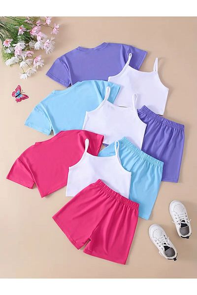 npLStore Girl's Summer Printed 3-Piece Crop T-Shirt - Shorts Set