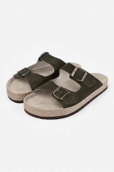 NİŞANTAŞI SHOES Sarrah Khaki Damen-Hausschuhe aus echtem Wildleder mit doppelter Schnalle und detaillierter flacher Sohle