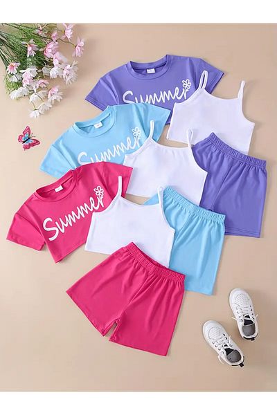 npLStore Girl's Summer Printed 3-Piece Crop T-Shirt - Shorts Set
