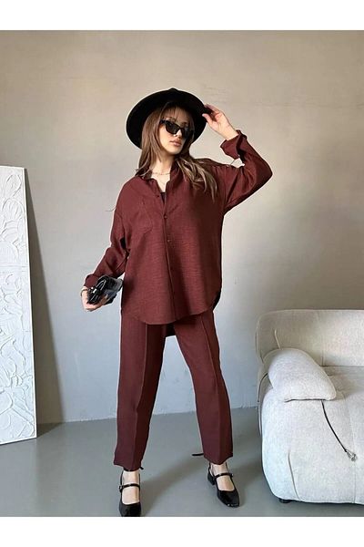 Zoe Zoe Women's Double Linen Shirt Pants Bottom Top Set Drawstring Bos