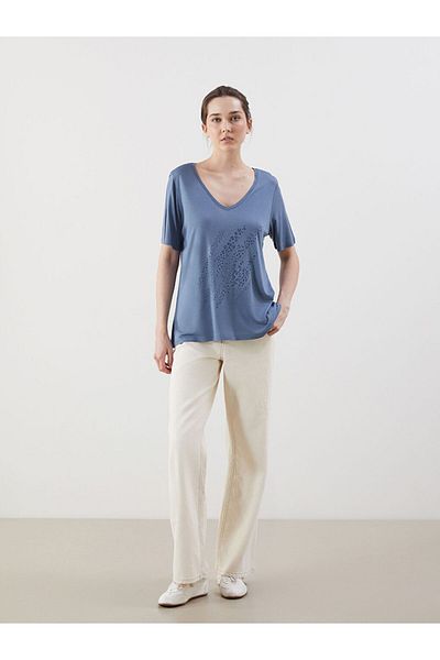 LC Waikiki Indigo V-Neck Patterned Women's T-Shirt