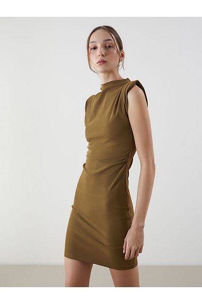 LC Waikiki Lcw Vision Khaki Stand Collar Shirred Dress