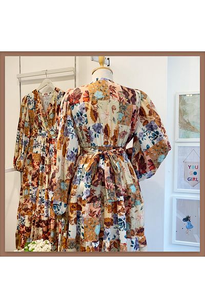 Faya Boutique Καφέ Συνονθύλευμα Μπουκέτο Λινό Φόρεμα