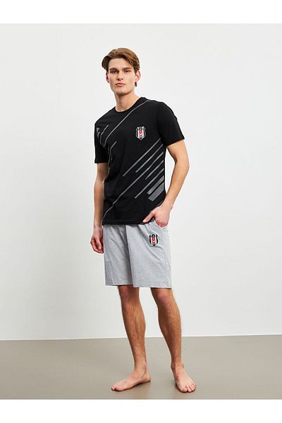 LC Waikiki Μαύρο Standard Σετ Πιτζάμες Beşiktaş με εμπριμέ ανδρικό σορτς