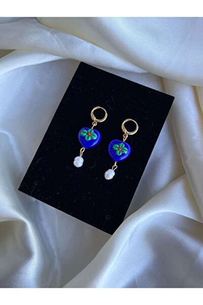 PEONY peonyofficiall Mavi Kalp Cam Murano Küpe Gerçek Tatlı Su Inci Detaylı Altın Kaplama