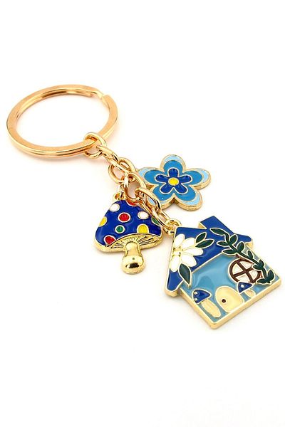 Solfera House Shaped Home Mushroom Flower Nature Blue Metal Keychain Kc290
