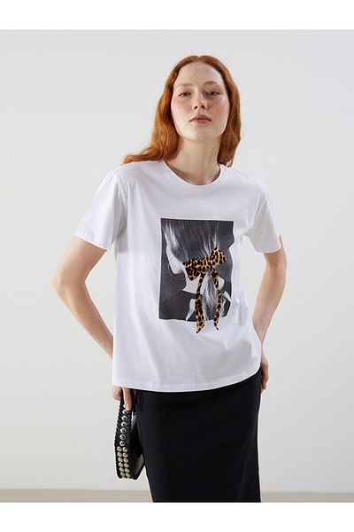 LC Waikiki Lcw Vision White Crew Neck Ribbon Printed Women's T-Shirt