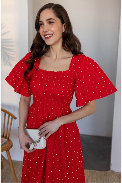 Afiş Butik Red Polka Dot Gimped Back Tie Midi Dress