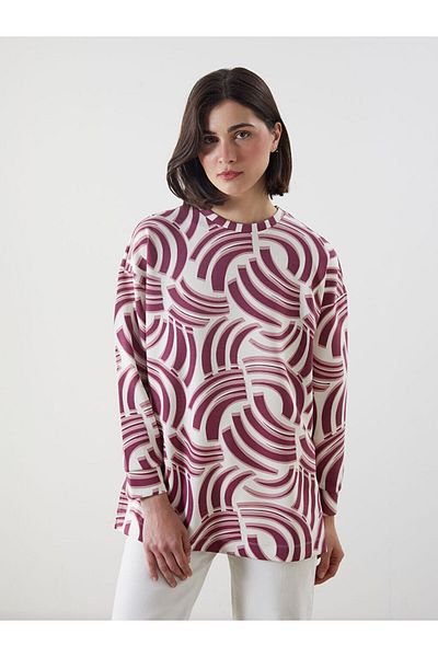 LC Waikiki Lcw Modest Pink Patterned Oversize Women's Sweatshirt Tunic