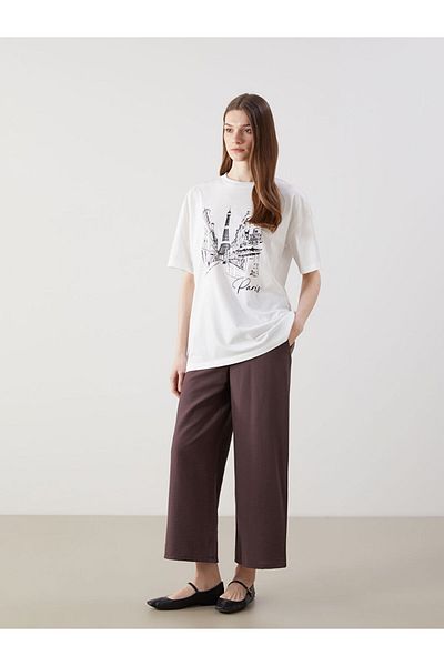 LC Waikiki Lcw Modest White Crew Neck Paris Printed Women's T-Shirt