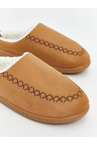 LC Waikiki Ανδρικές παντόφλες σπιτιού με λεπτομέρεια από καφέ γούνα