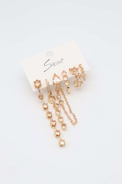 NFS BUTİK Design Product 6 Steel Set Earrings Zircon Stone and Embedded Crystal Stone 1Pc Earcuff