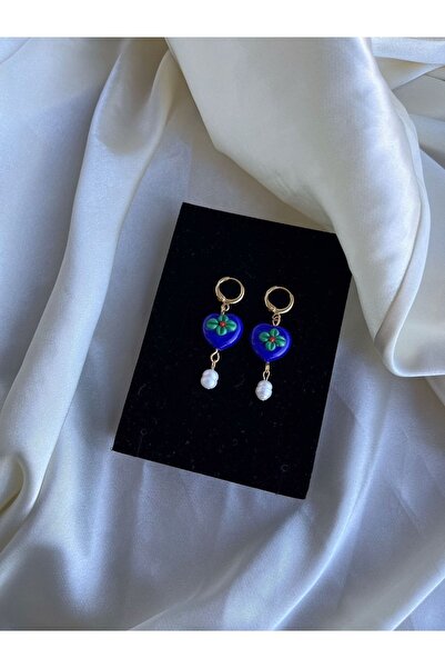 PEONY peonyofficiall Mavi Kalp Cam Murano Küpe Gerçek Tatlı Su Inci Detaylı Altın Kaplama