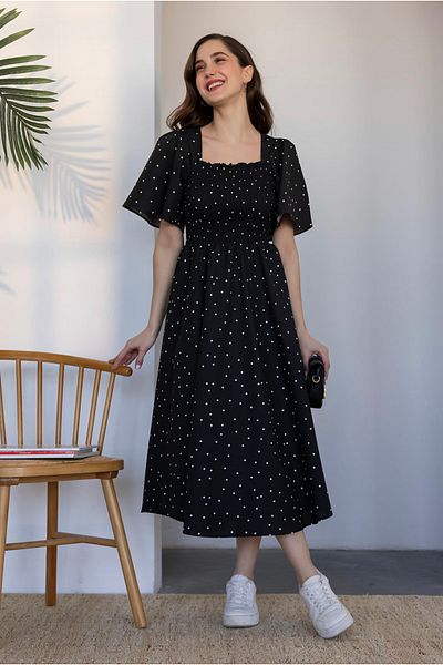 Afiş Butik Black Polka Dot Gimped Back Tie Midi Dress