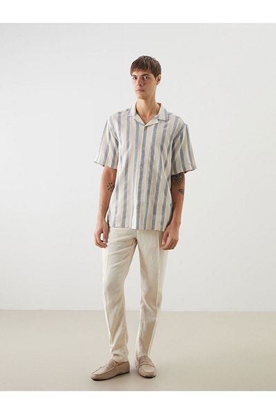 LC Waikiki Beige Regular Fit Short Sleeve Striped Men's Textured Shirt