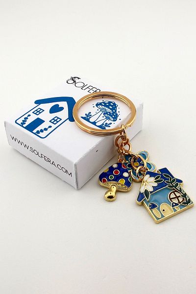 Solfera House Shaped Home Mushroom Flower Nature Blue Metal Keychain Kc290