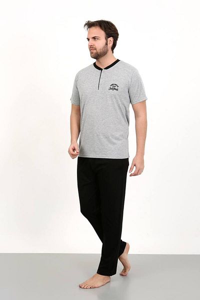 shopshop Ανδρικό γκρι 100% βαμβακερό σετ καλοκαιρινές πιτζάμες με κέντημα με 3 κουμπιά