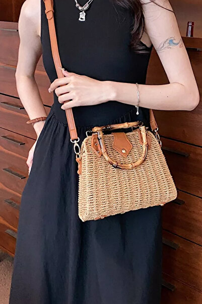 FASHION COCKTAIL Μίνι πλεκτή Bohemian πλεκτή τσάντα ώμου για διακοπές στην παραλία με επένδυση από μπαμπού