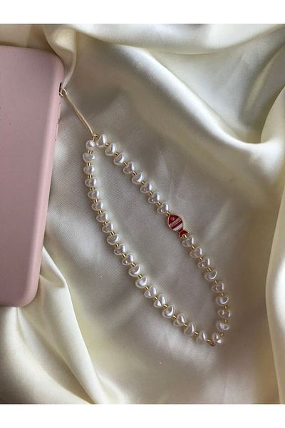 PEONY - peonyofficiall Red Enameled Fish Detailed Pearl Detailed Phone Charm Phone String