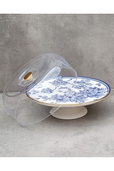 Pinkev Blue Flower Patterned Ceramic Cake Jar - Cake Presentation Plate