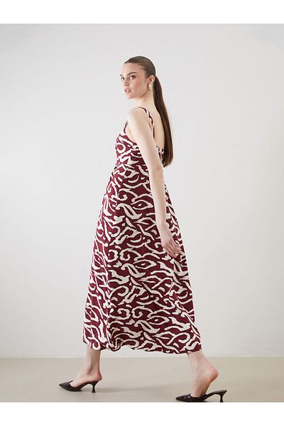 LC Waikiki Lcw Vision Burgundy Square Neck Patterned Linen Blend Dress