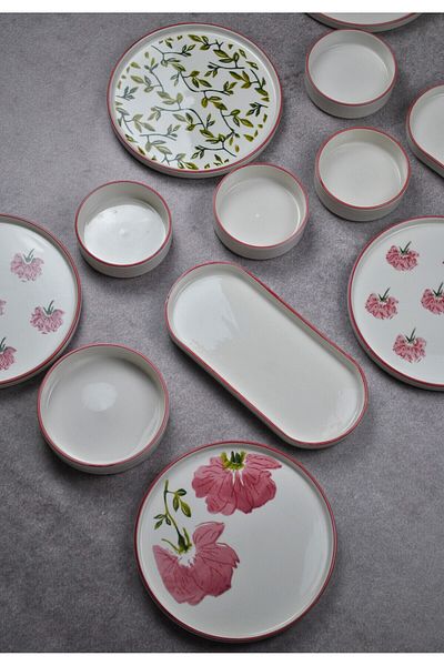 Qualitev 14 Piece 6-Person Handmade Breakfast Set Ceramic Presentation Set-Rose
