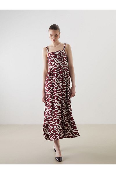 LC Waikiki Lcw Vision Burgundy Square Neck Patterned Linen Blend Dress