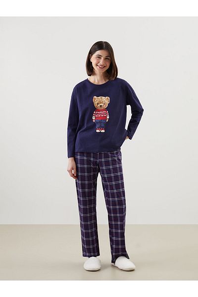 LC Waikiki Lcw Dream Navy Blue Crew Neck Teddy Printed Women's Pajama Top