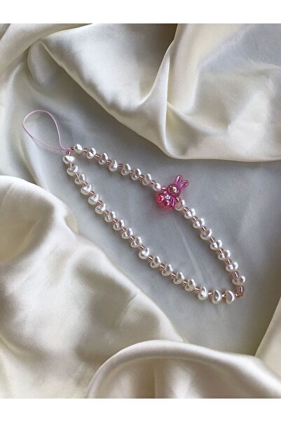 PEONY peonyofficiall Pembe Tavşan Figürlü Rose Pembe Boncuk Ve Incili Telefon Charmı Telefon Ipi