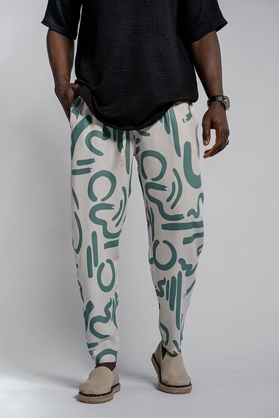 Morfine Men's Loose Waist Elastic Patterned White Baguette Trousers